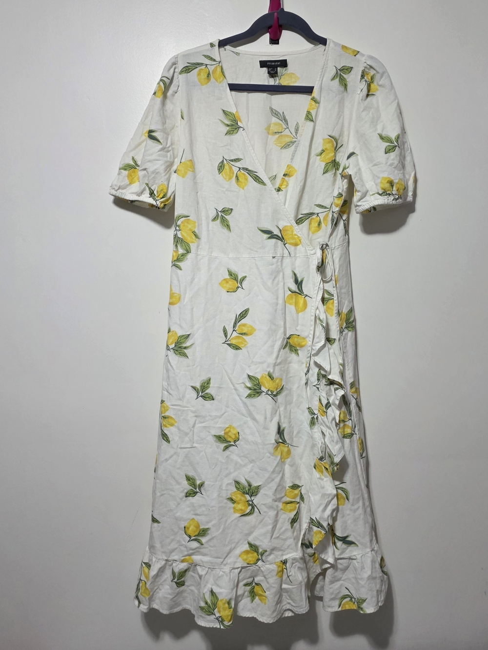 Primark White Lemon-Print Wrap Dress with Puff Sleeves